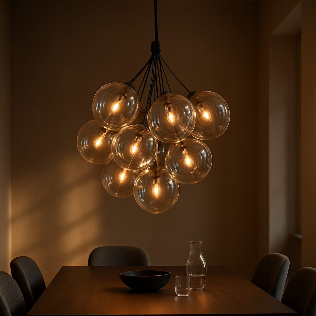 A luxurious handblown glass globe chandelier hanging over a modern dining table, warm ambient light casting soft shadows. Alt: Luxury handblown glass globe chandelier in a high‑ceiling space.
