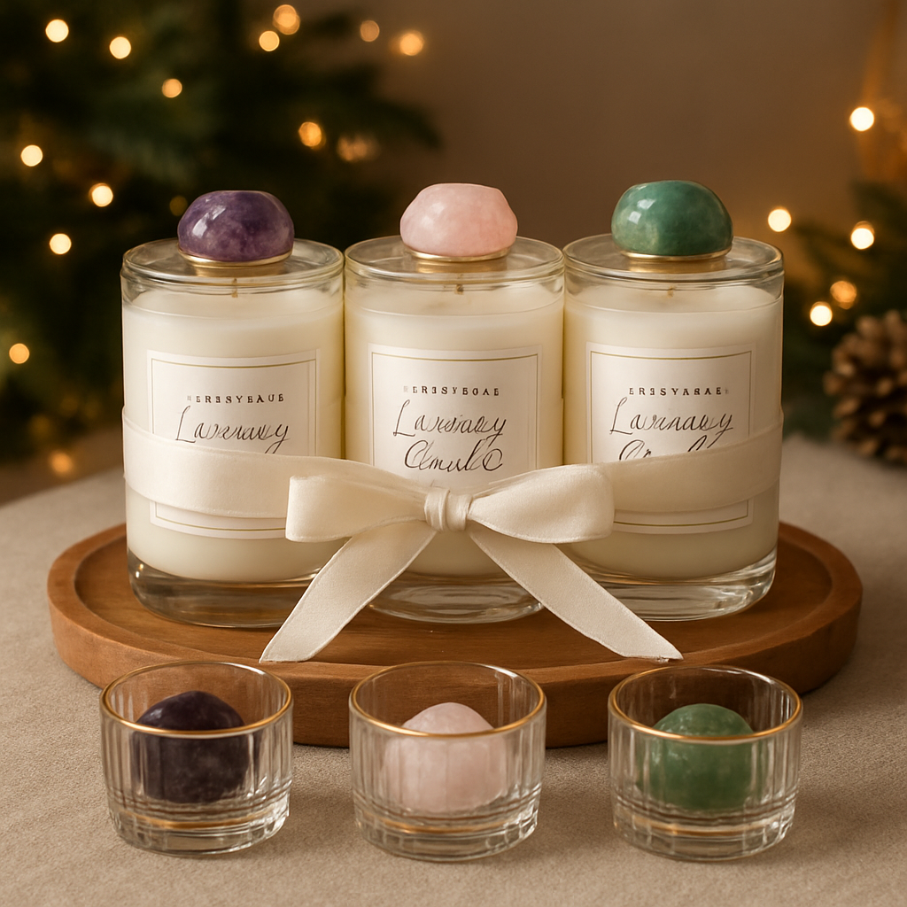 A hand‑styled luxury candle bundle on a wooden tray, three glass tumblers with different gemstones, soft ambient lighting, holiday décor background. Alt: premium designer candle bundle with gemstone‑topped glass jars, elegant holiday gift set