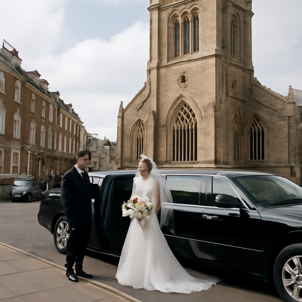 A luxurious black stretch limousine parked in front of a historic Boston church, with a bride stepping out holding a bouquet. Alt: Classic stretch limousine for traditional Boston wedding
