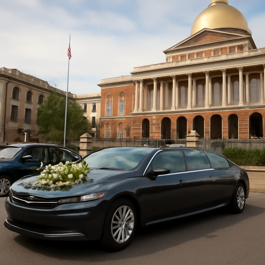 A sleek hybrid limousine parked beside Boston’s historic State House, with wedding flowers draped over the hood. Alt: Eco-friendly hybrid wedding limo Boston
