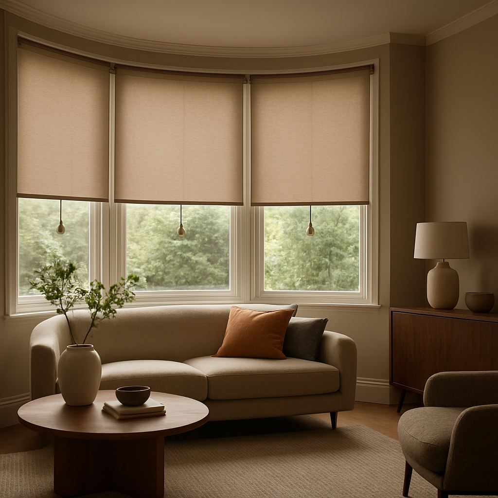 A modern living room with a curved bay window fitted with bespoke roller blinds, featuring brass pull‑handles and a brushed‑nickel tilt rod. Alt: Bespoke roller blinds with decorative hardware for a bay window