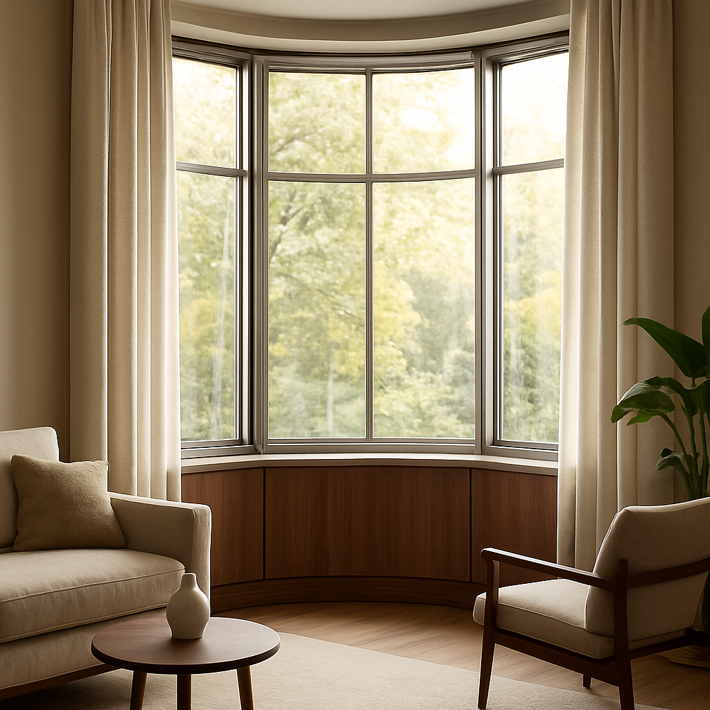 A sleek mixed‑material window panel with a walnut wood base and brushed‑nickel accents framing a curved bay window, soft natural light streaming through, modern living room setting. Alt: Mixed‑material window panels with wood and metal accents for bay windows
