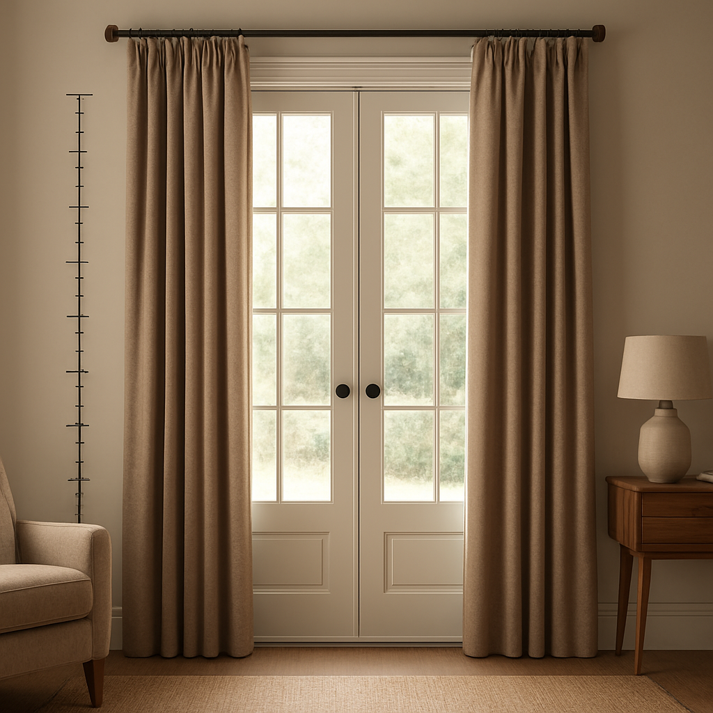 A beautifully staged French door with custom outside‑mount curtains, showing precise measurement markings on the wall. Alt: window treatments for french doors measured for perfect fit.