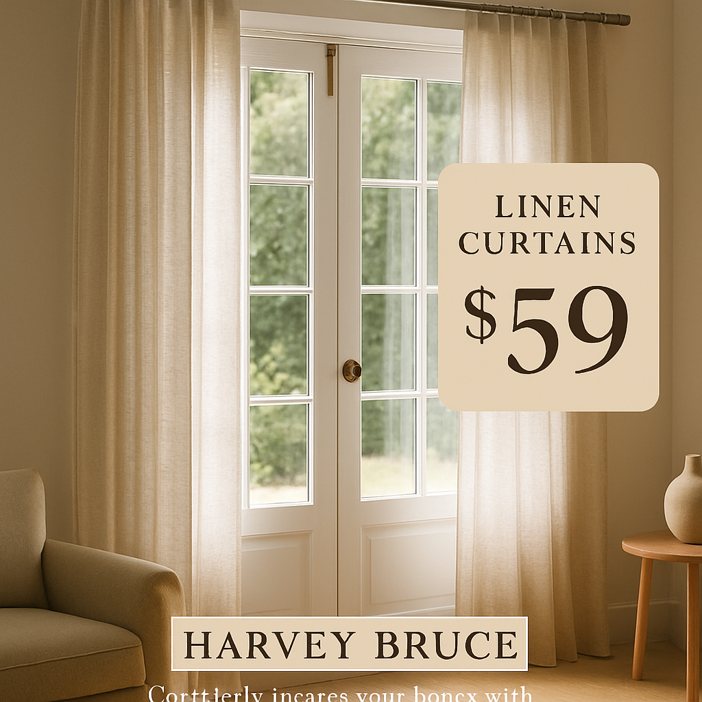 A beautifully staged French door with elegant linen curtains, a sleek aluminium track, and a subtle price tag graphic overlay. Alt: Budget-friendly luxury window treatments for French doors showcasing cost breakdown.