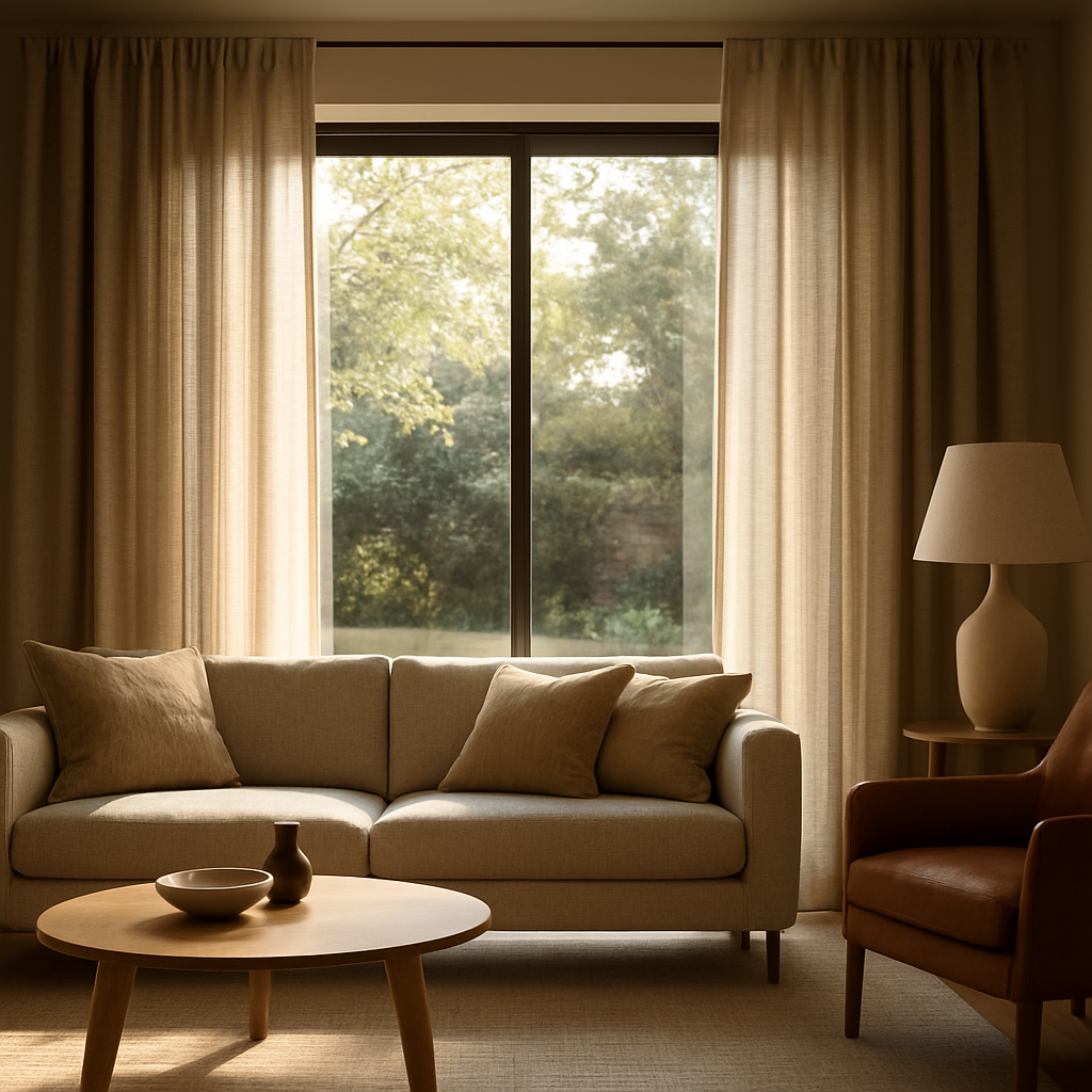 A sunlit living room with a sliding glass door framed by elegant, floor‑to‑ceiling curtains in a soft linen blend. Alt: Luxury window treatments for sliding glass doors in a modern living space.