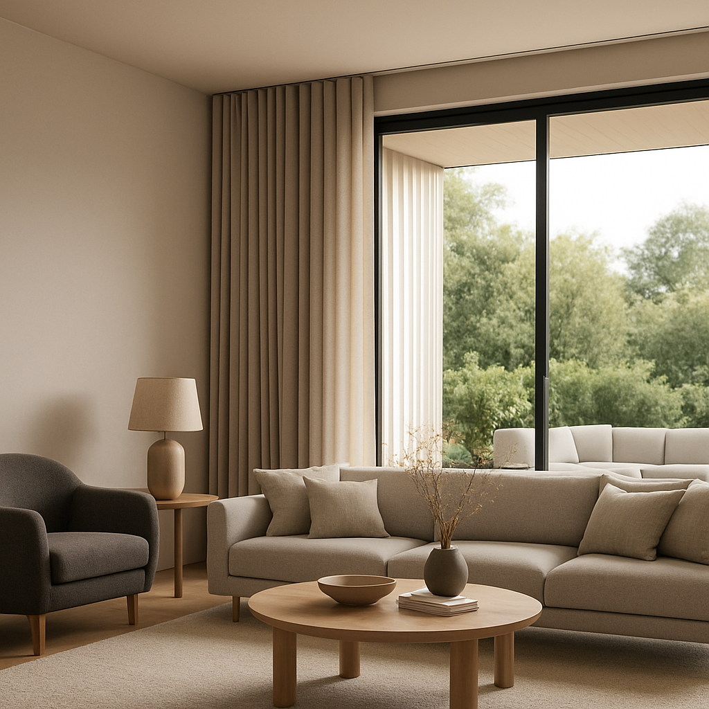 A modern living room with floor‑to‑ceiling sliding glass doors, elegant panel curtains neatly stacked to the side, and a subtle ceiling‑mounted track. Alt: Seamless installation of window treatments for sliding glass doors.