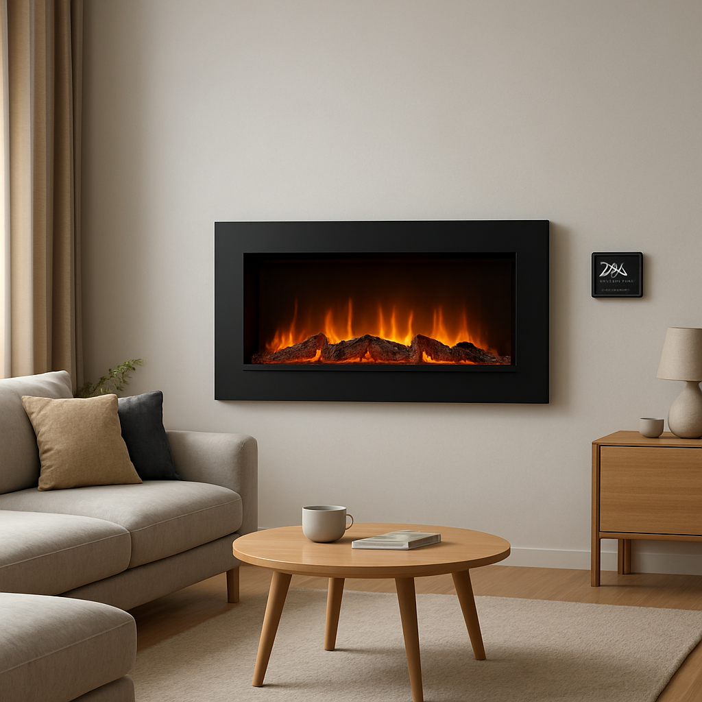 A modern living room with a sleek electric fireplace on the wall, warm flame effect, and a digital thermostat displayed. Alt: elektro kamin mit heizung Energieeinsparungen