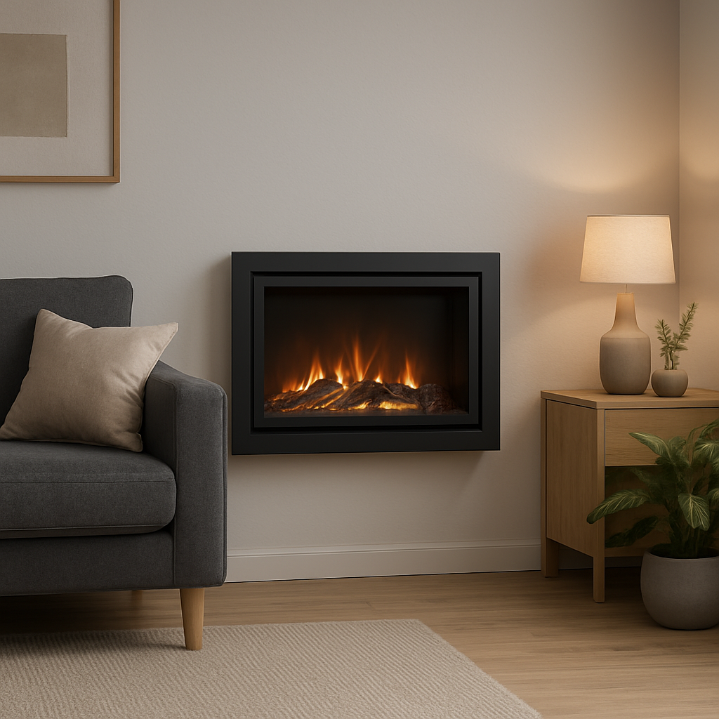 Eine moderne Wohnzimmerecke mit einem wandmontierten Elektro‑Kamin, der sanfte Flammen zeigt, umgeben von einem Sicherheitsabstand von 30 cm zu Möbeln. Alt: Sicherheit und Umweltaspekte bei Elektro‑Kamin mit Heizung