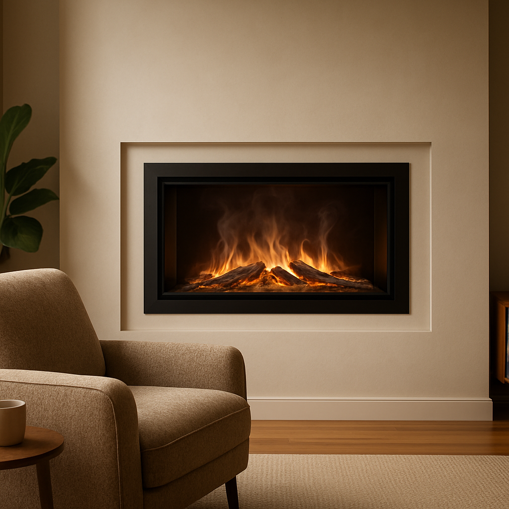 Ein modernes Wohnzimmer mit einem eleganten Elektrokamin an der Wand, leichte Dampfspiralen um die Flammen, ein gemütlicher Sessel im Vordergrund. Alt: elektrokamin mit wasserdampf 3d flamme einbau