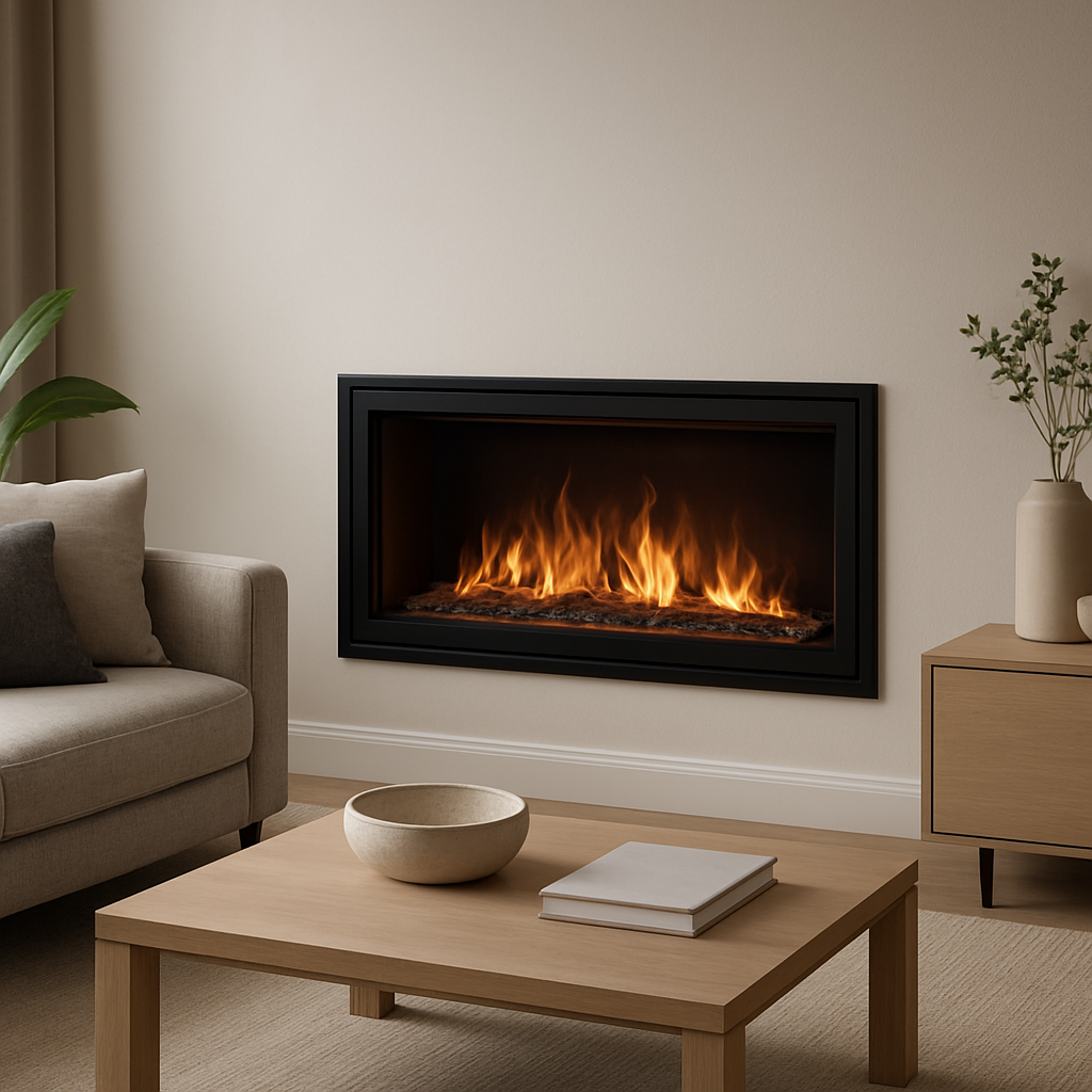 A modern living room with a sleek electric fireplace showing 3D water vapor flames, safe operation, and energy-saving settings. Alt: elektrokamin mit wasserdampf 3d flamme einbau Sicherheit und Effizienz