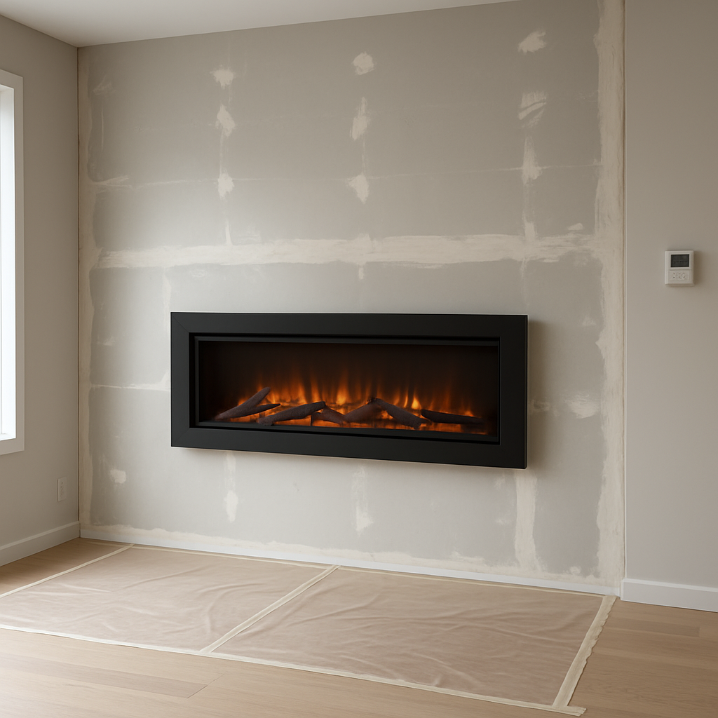 A modern living room with a sleek 213 cm electric wall fireplace installed at eye level, showing the surrounding wall preparation and floor protection. Alt: elektrokamin wandmontage 213 cm mit thermostat installation preparation.