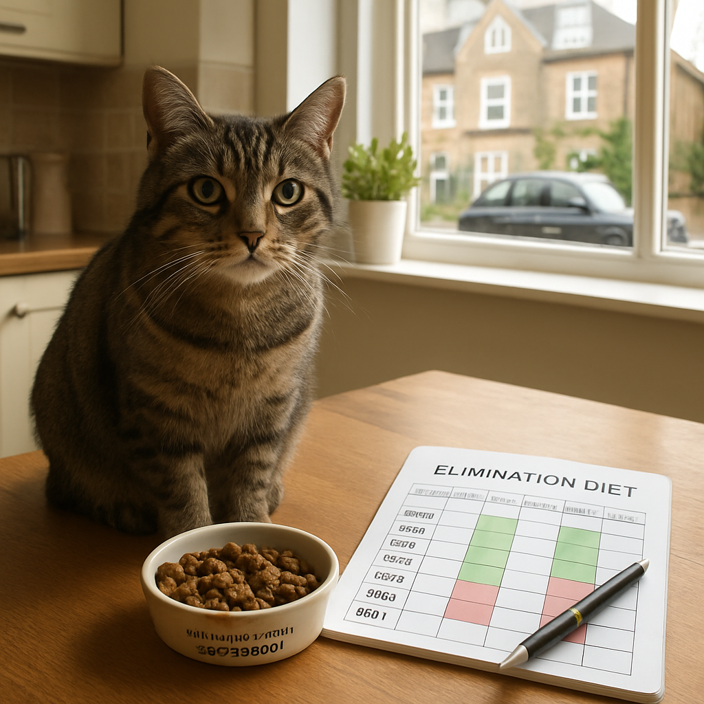 A photorealistic UK kitchen scene showing a tabby cat beside a small bowl of hypoallergenic rabbit + sweet potato food, a logbook with days highlighted in green and red, and a pen on a wooden table; natural British daylight; Alt: cat elimination diet UK logbook and hypoallergenic food setup in a British home.