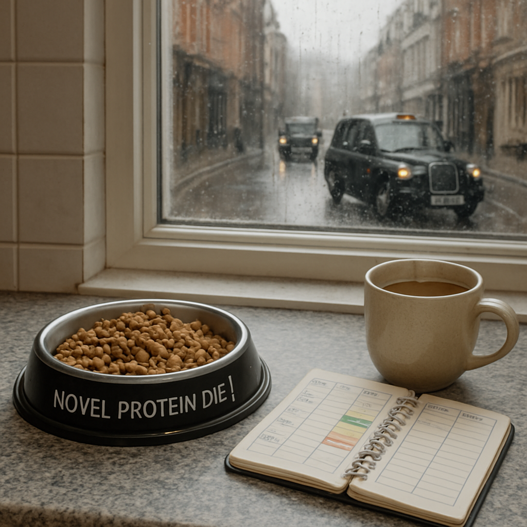 A photorealistic scene of a British kitchen countertop with a sleek cat food bowl containing a novel protein diet, a small notebook open to a colour‑coded log, and a steaming mug of tea beside a window showing a rainy London street. Alt: cat long‑term nutrition monitoring elimination diet UK