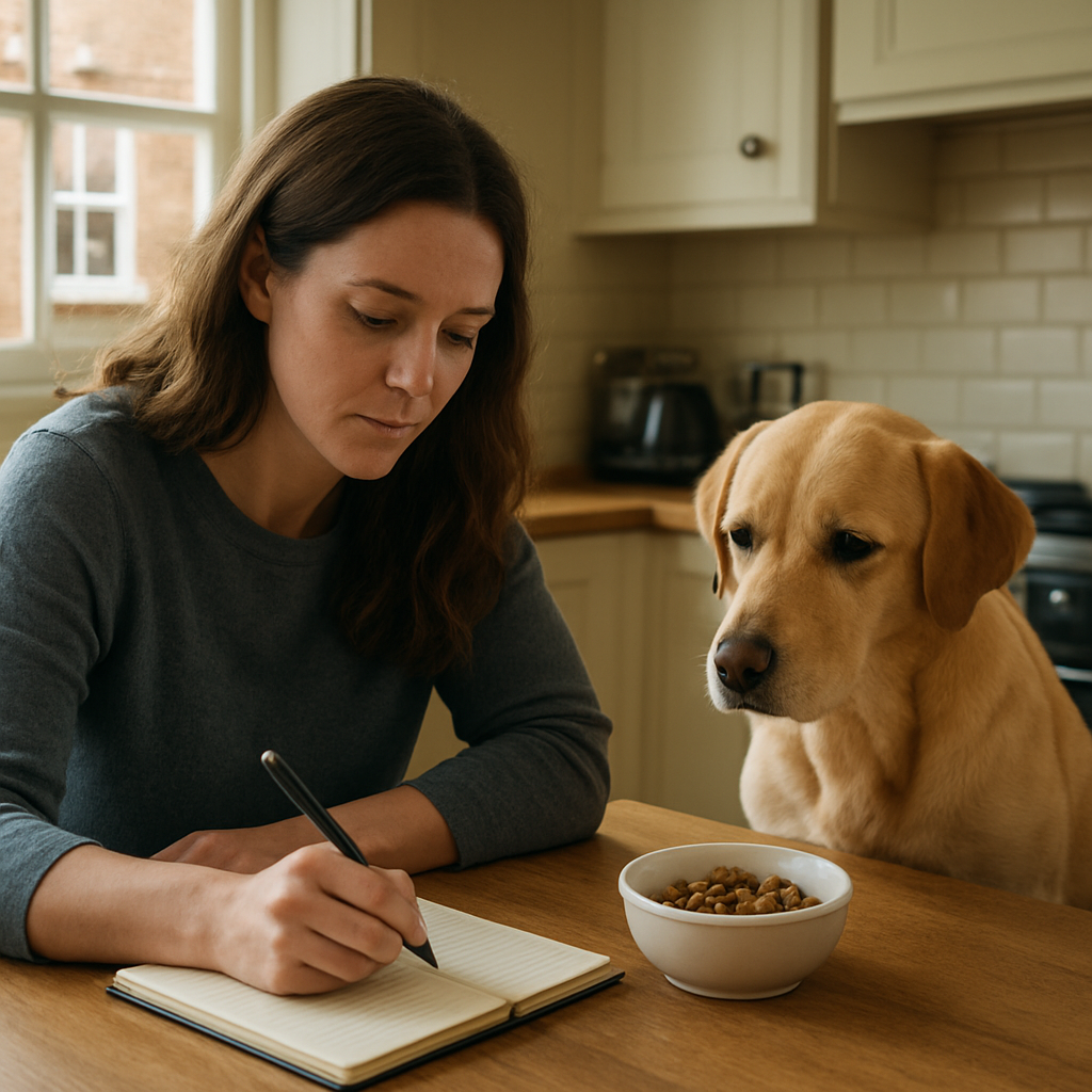 A photorealistic scene of a British family kitchen table with a dog owner writing notes in a notebook while a Labrador looks at a small bowl of newly added food, soft natural light from a window, realistic style. Alt: Dog owner tracking food re‑introduction during an elimination diet dog uk.