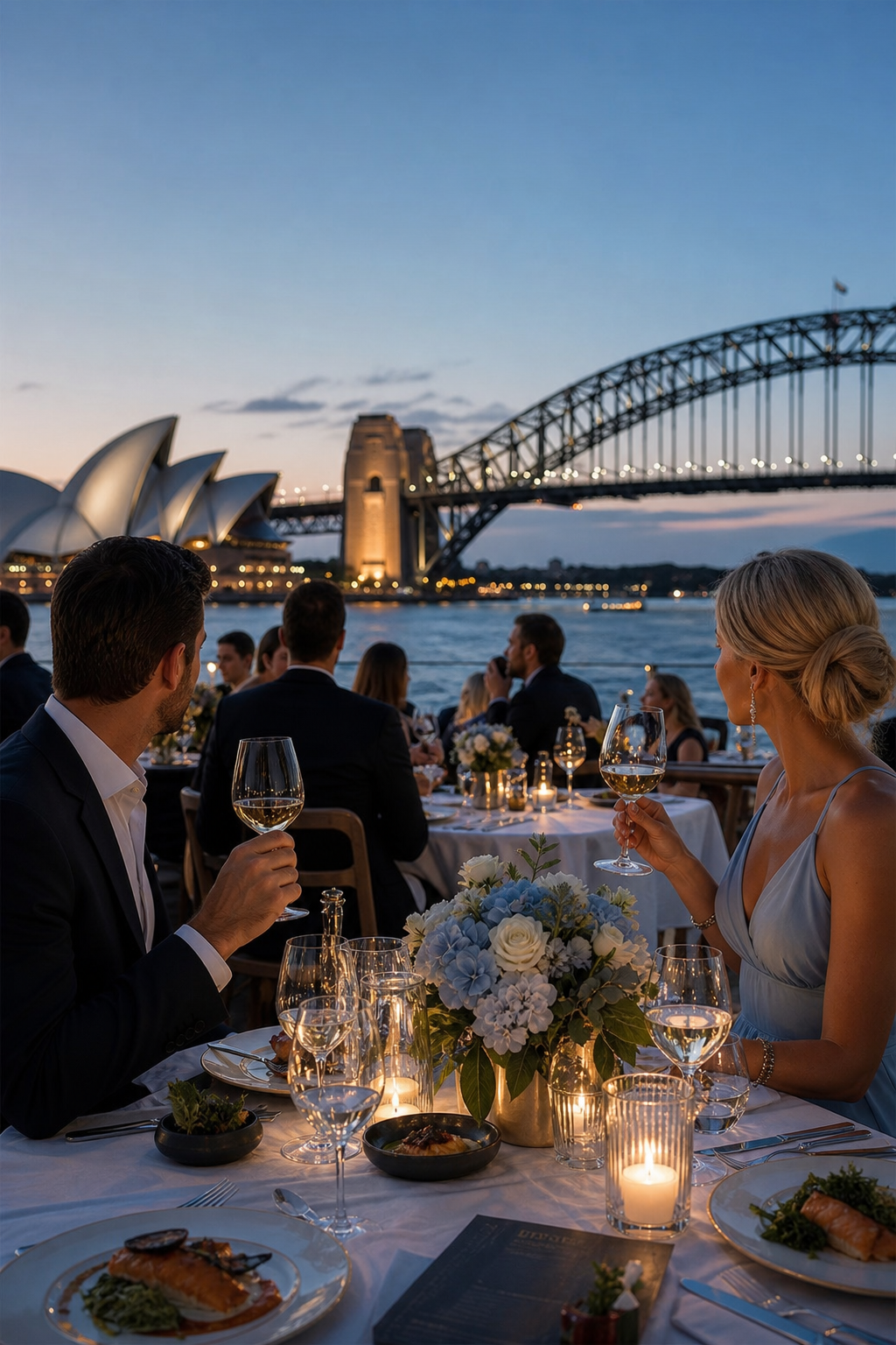 Realism image prompt - A luxurious Sydney harbour scene with elegant couples and refined dinners, Realism style. Alt: Sydney Harbour luxury escort setting.