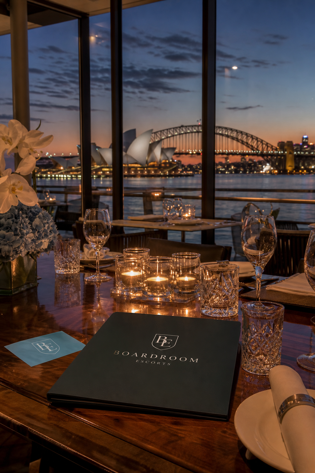 Realism image prompt - Harbour dining scene with elegant companions in Sydney, Realism style. Alt: Luxury dinner with elite escorts in Sydney.