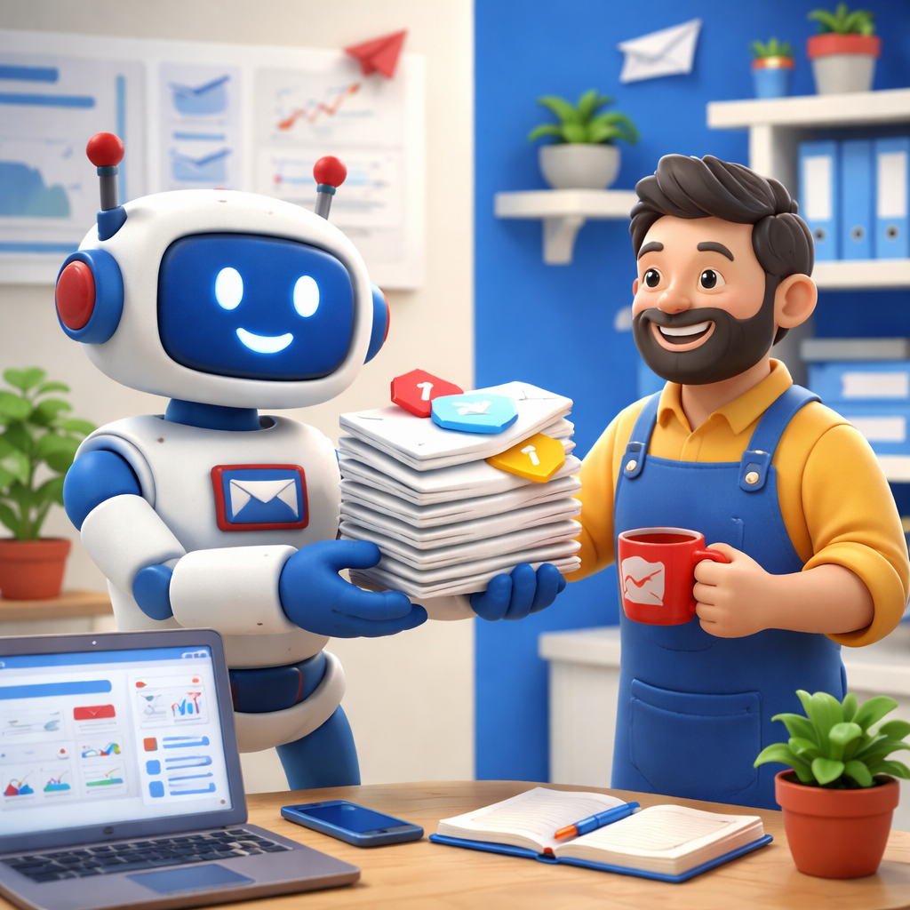 A claymation style scene showing a friendly robot handing a stack of emails to a smiling small‑business owner, alt: email drip campaign software visual metaphor