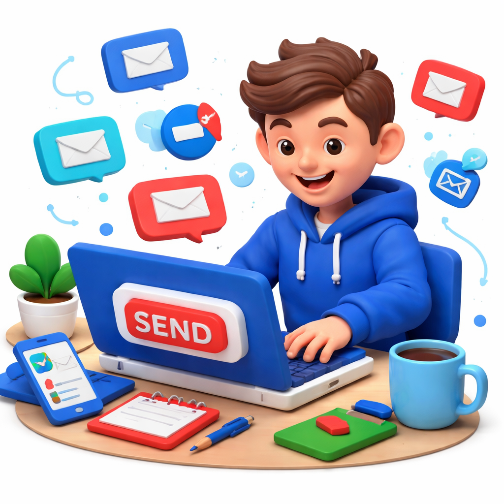A claymation style illustration of a happy freelancer clicking “Send” on a laptop while colorful email icons float around, alt: email drip campaign software simple builder