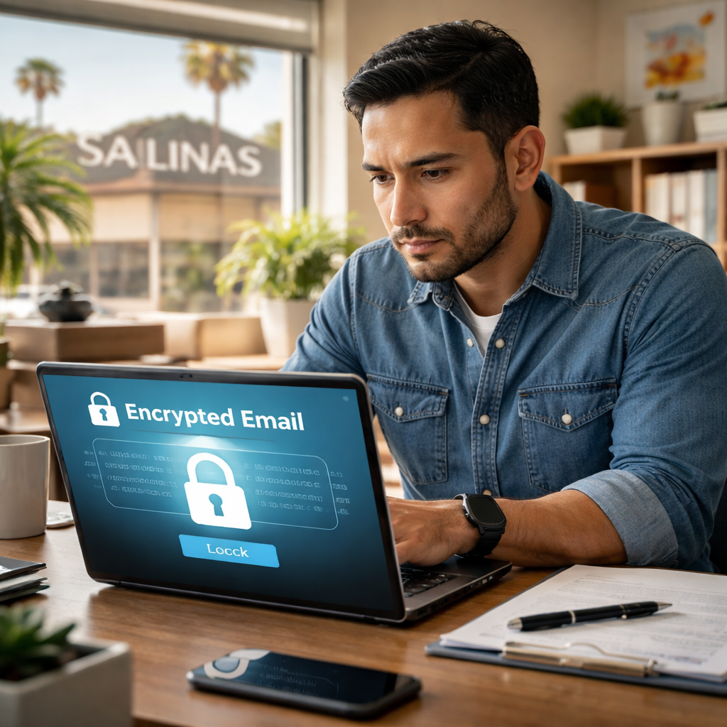 A photorealistic office scene in Salinas showing a small business owner looking at a laptop screen with an encrypted email notification overlay. Alt: Email encryption for small business protecting sensitive communications.