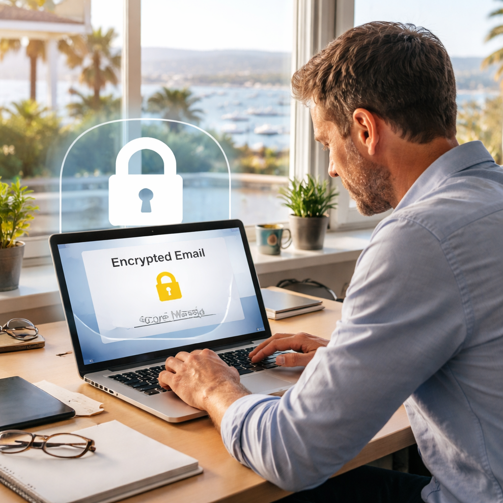 A photorealistic scene of a small business owner in a Monterey office looking at an encrypted email on a laptop, lock icon overlay, calm office setting. Alt: Email encryption for small business