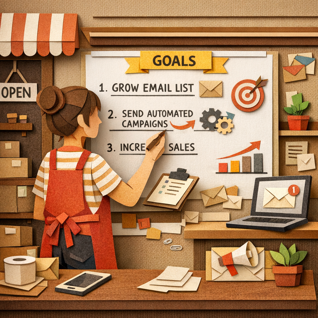 Papercraft style illustration of a small shop owner writing goals on a whiteboard, alt: email marketing automation for small business goal setting