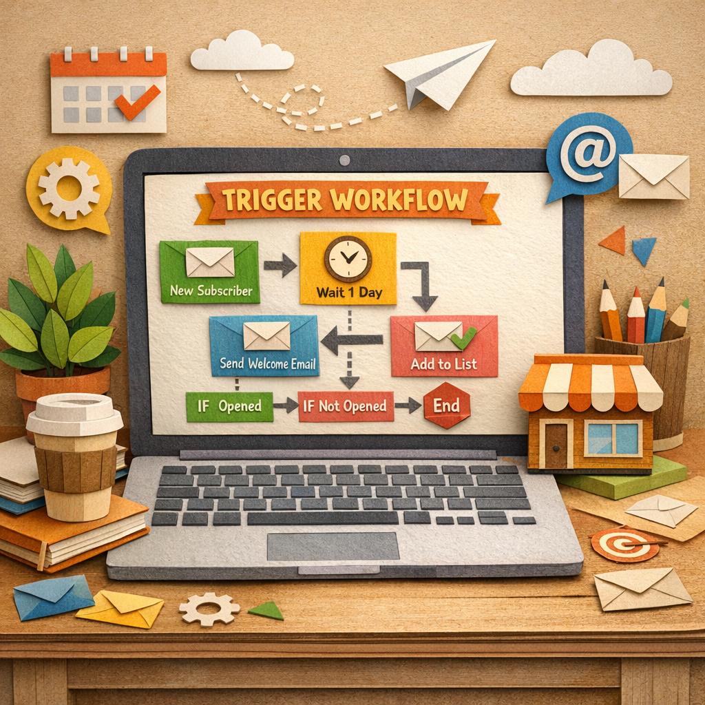 Papercraft style scene of a laptop showing an automated trigger workflow, alt: email marketing automation for small business trigger setup