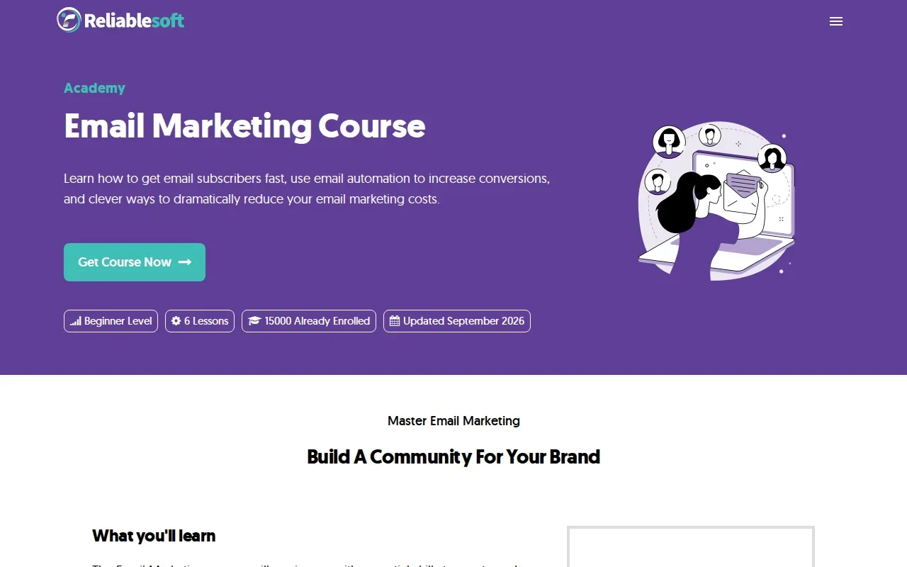 Screenshot of the Email Marketing Course by Reliablesoft website