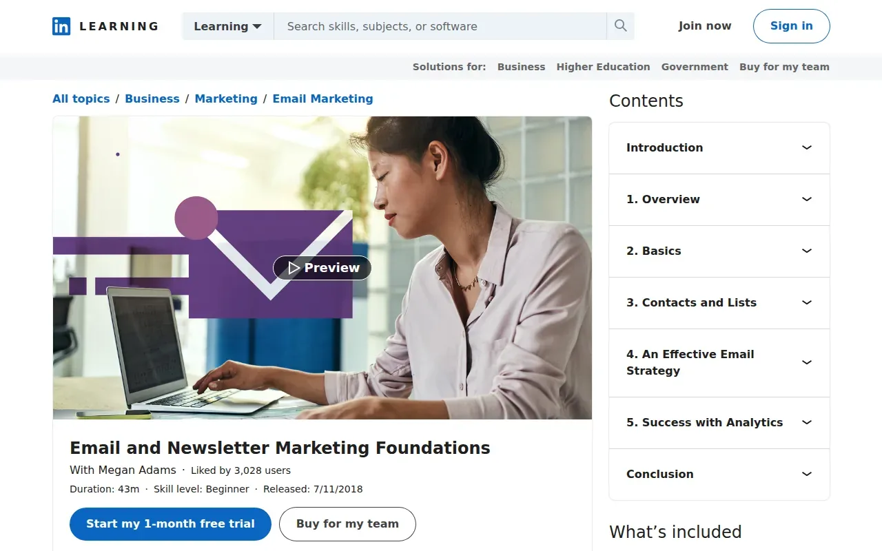 Screenshot of the Email and Newsletter Marketing Foundations by LinkedIn Learning website