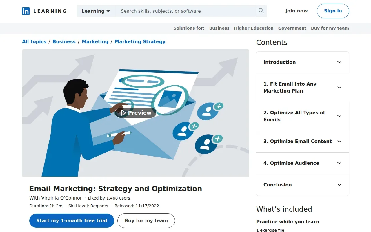 Screenshot of the Email Marketing Strategy and Optimization by LinkedIn Learning website