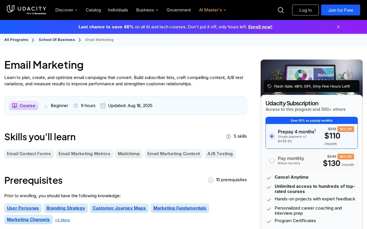 Screenshot of the Udacity Email Marketing Course: paid website