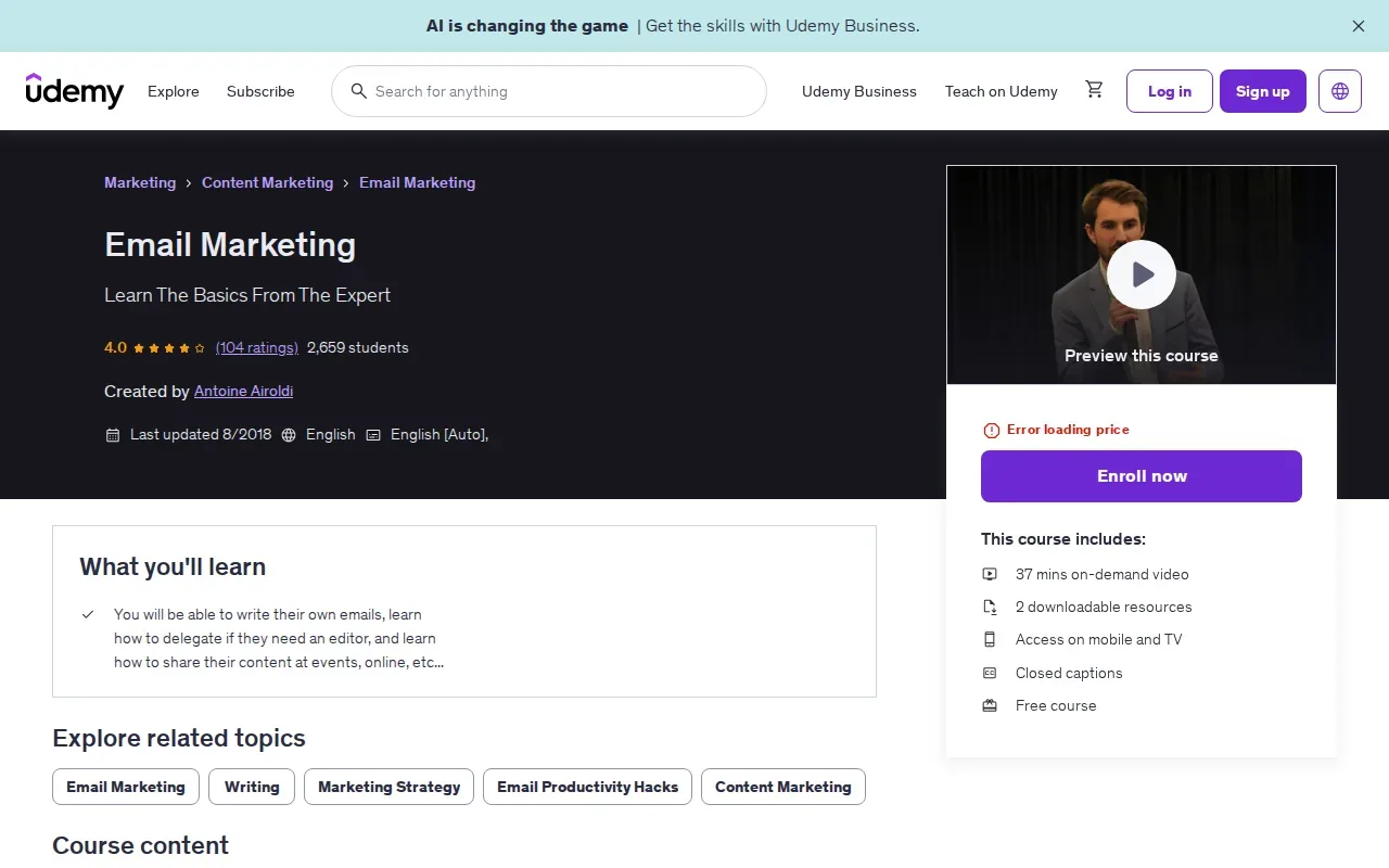 Screenshot of the Email Marketing Course by Udemy website