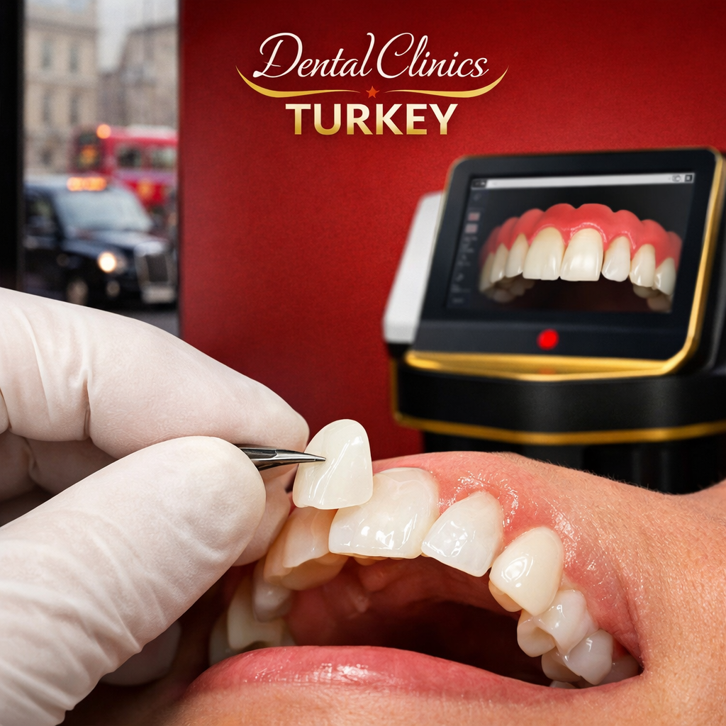Close-up of Emax veneer placement in a modern Turkish dental clinic