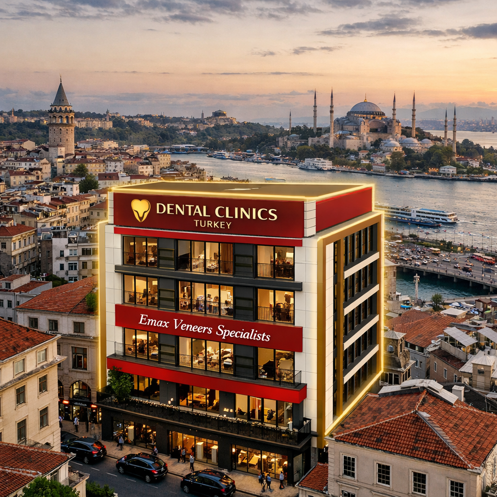 Modern Istanbul skyline with dental clinic theme for Emax veneers in Turkey