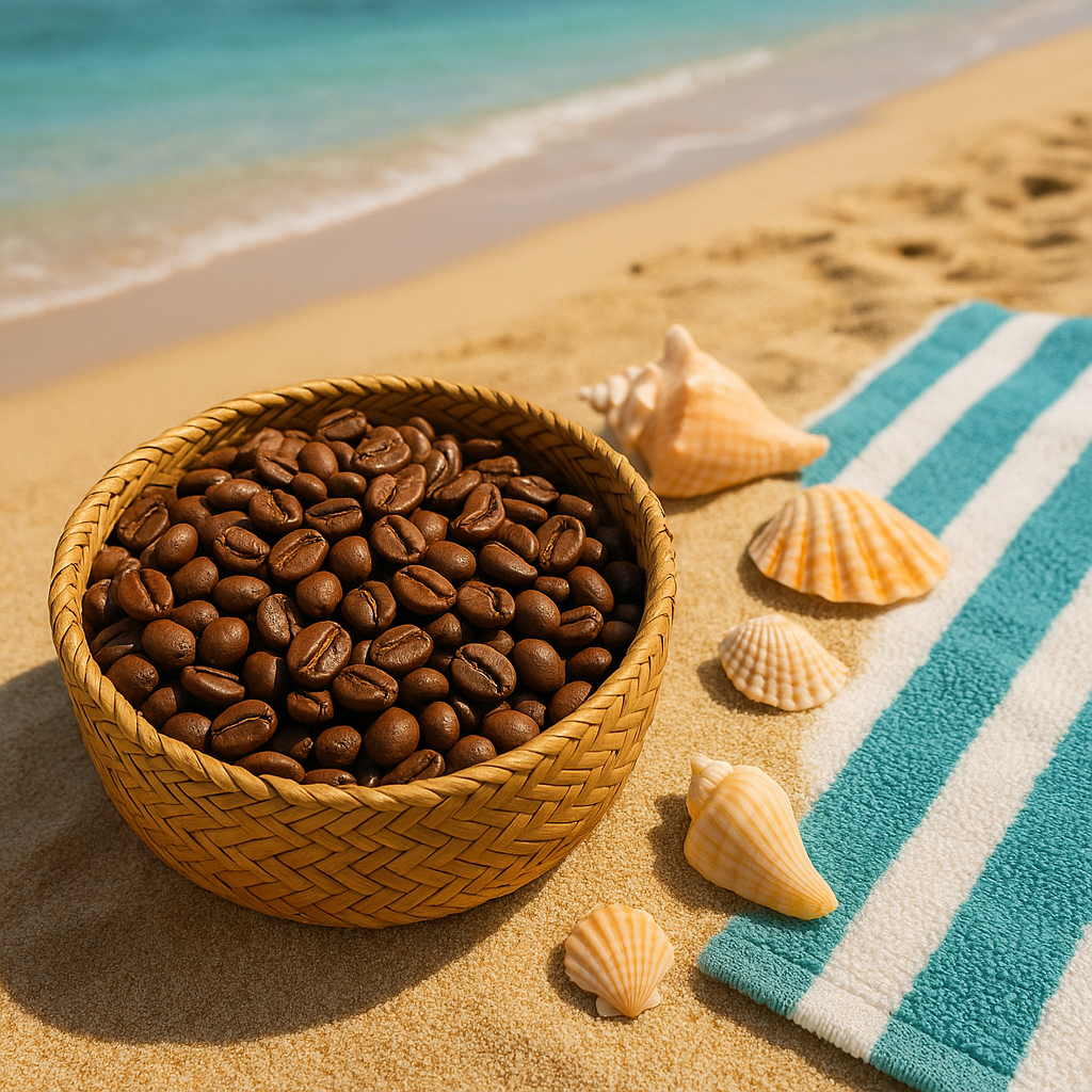 Tropical coffee beans in a woven basket beside seashells and a beach towel on sandy shore. Alt: Ethically sourced beach vibes tropical coffee beans presented on a sunny beach table.