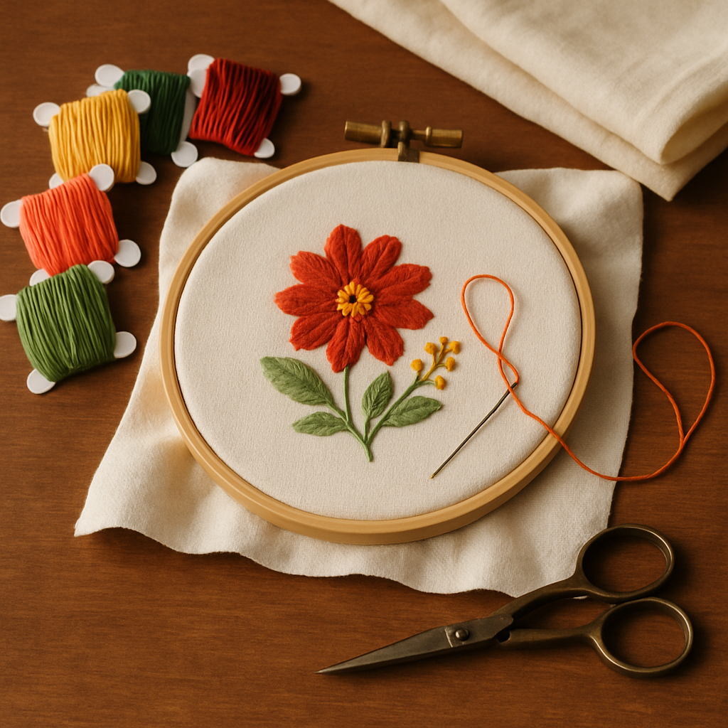 A cozy crafting table with an embroidery hoop, needle, floss spools, and a piece of cotton fabric. Alt: Embroidery tools laid out for beginners.