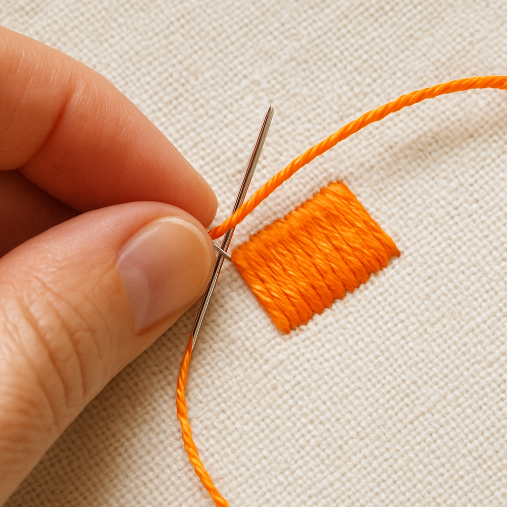 A close‑up of a hand stitching a satin stitch on a cotton fabric, showing smooth parallel bars and a bright contrasting thread. Alt: satin stitch embroidery tutorial for beginners