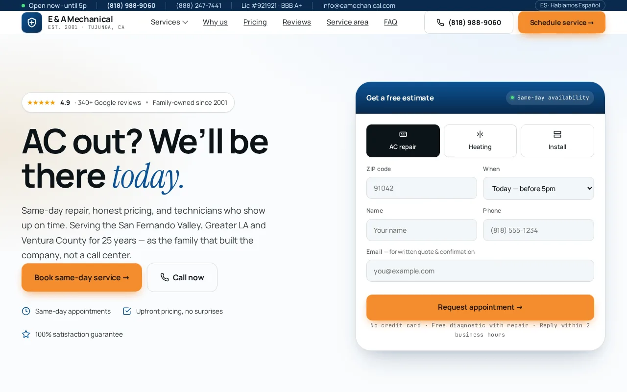 Screenshot of the E & A Mechanical website