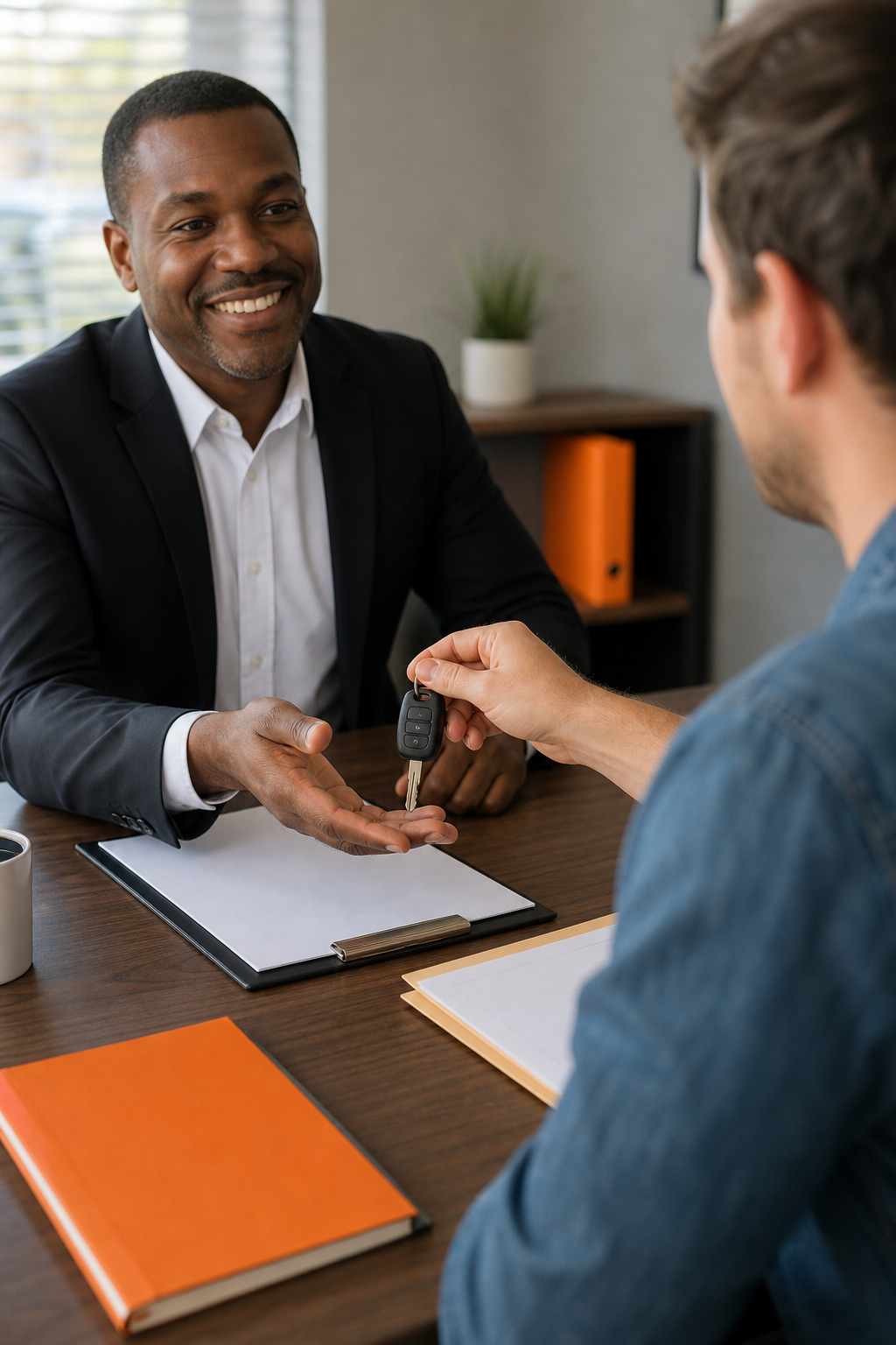 A photorealistic scene of a person handing car keys to a financial professional across a desk, with paperwork and natural office lighting, warm tones, no phone numbers visible. Alt: emergency cash title loan application process at a lending office.