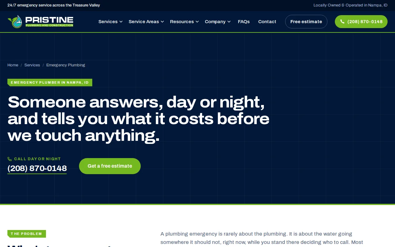 Screenshot of the Pristine Plumbing website