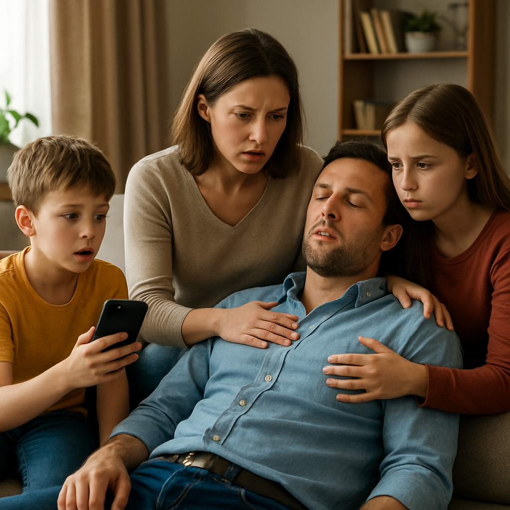 A family sitting together in a living room, one person holding a phone while the other stays close to a patient on the sofa. Alt: Family emergency support scene