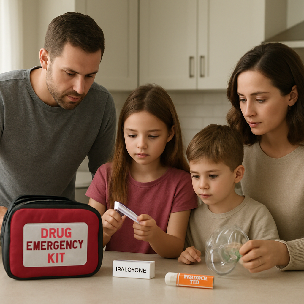A family calmly assembling a drug emergency kit with labeled items, a naloxone pen, glucose gel, and an oxygen mask on a kitchen counter. Alt: Family emergency medication kit preparation