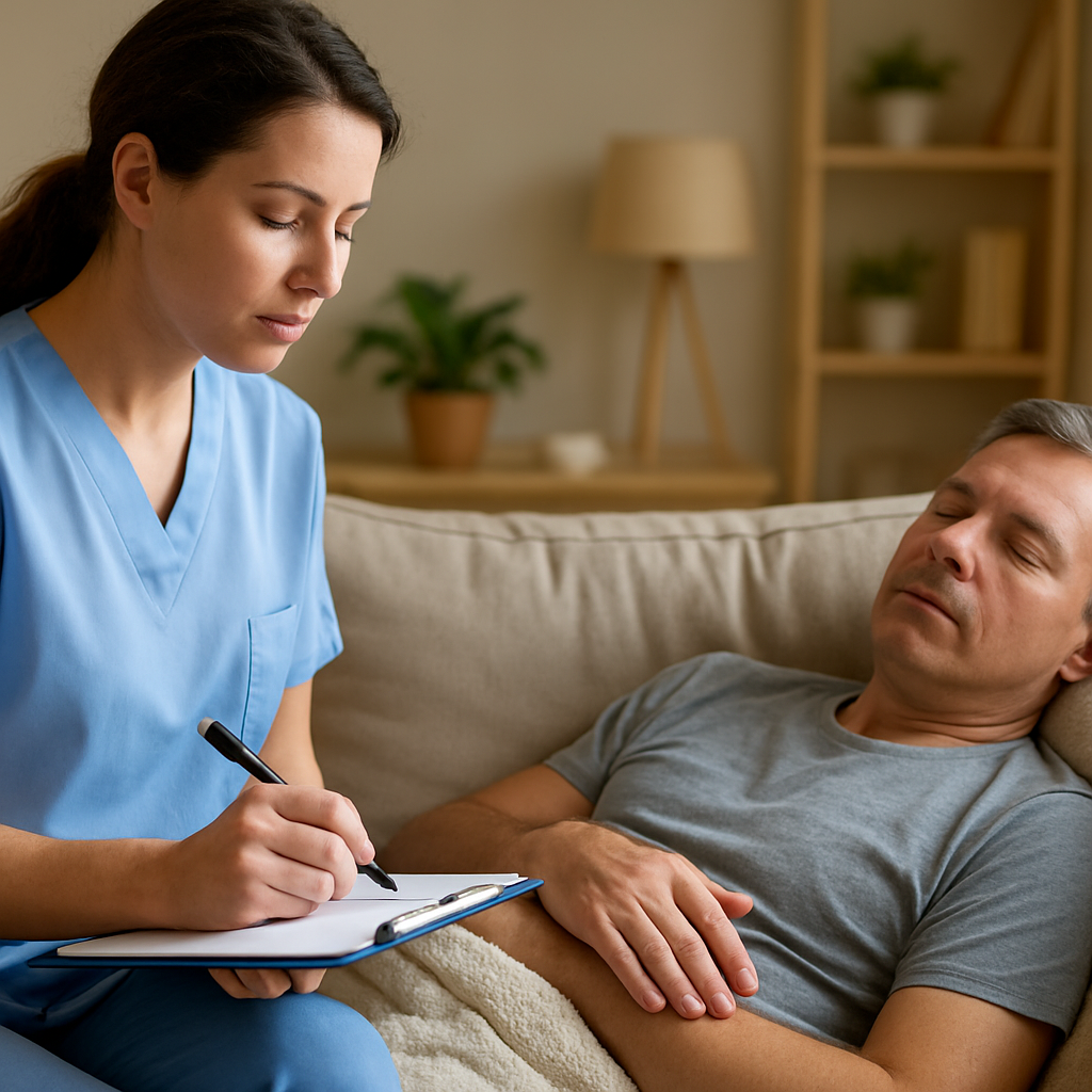 A calm caregiver taking notes on a clipboard while a family member rests on a couch, with a calming home environment in the background. Alt: Post‑intervention care documentation by a caregiver.