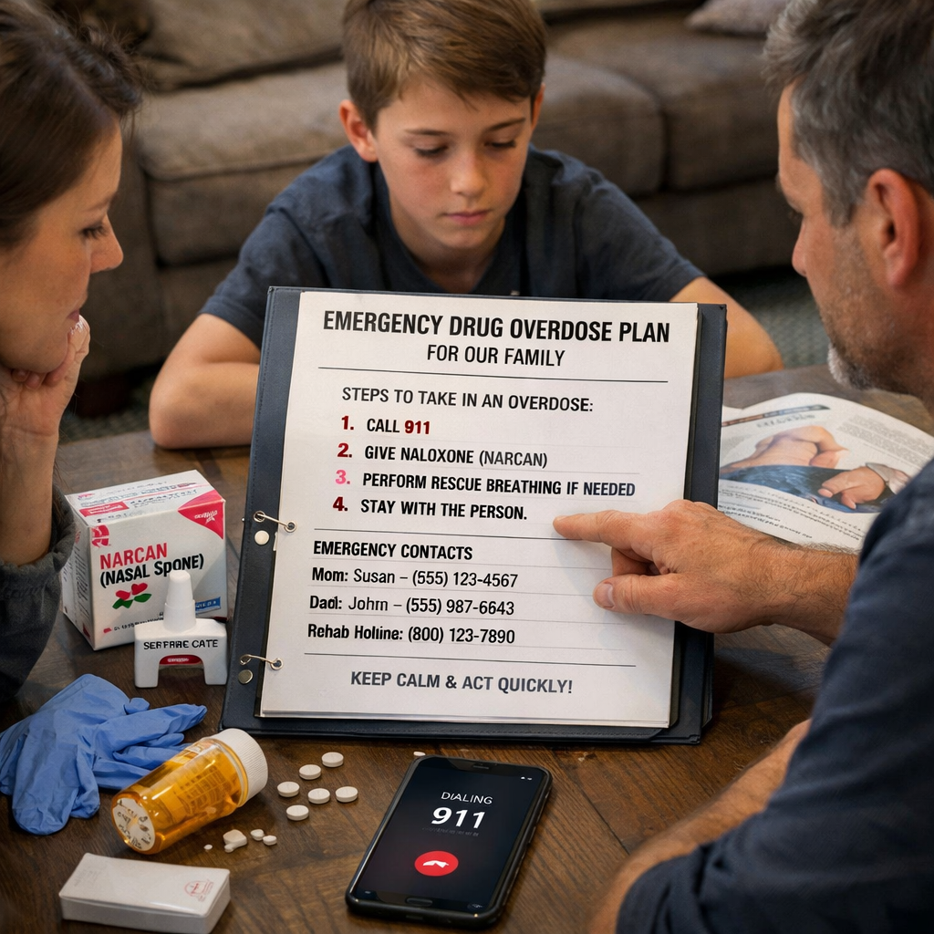 A realistic family gathered around a kitchen table, reviewing a printed emergency action sheet, with a naloxone kit visible. Alt: family overdose drill practice