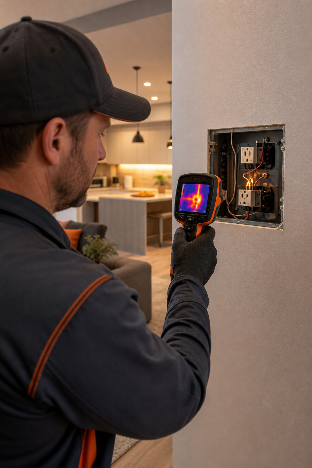 A photorealistic image of an electrician using a thermal imaging camera on a wall, showing heat signatures of faulty wiring, with a modern home interior in the background.