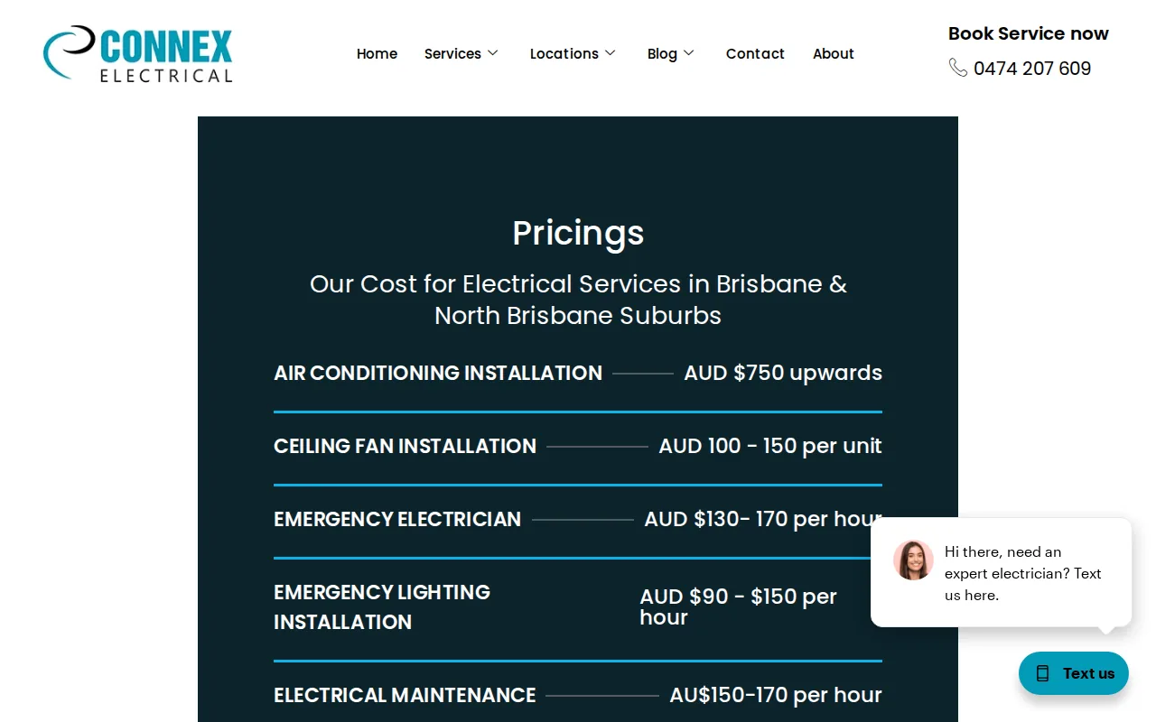 Screenshot of the Connex Electrical website