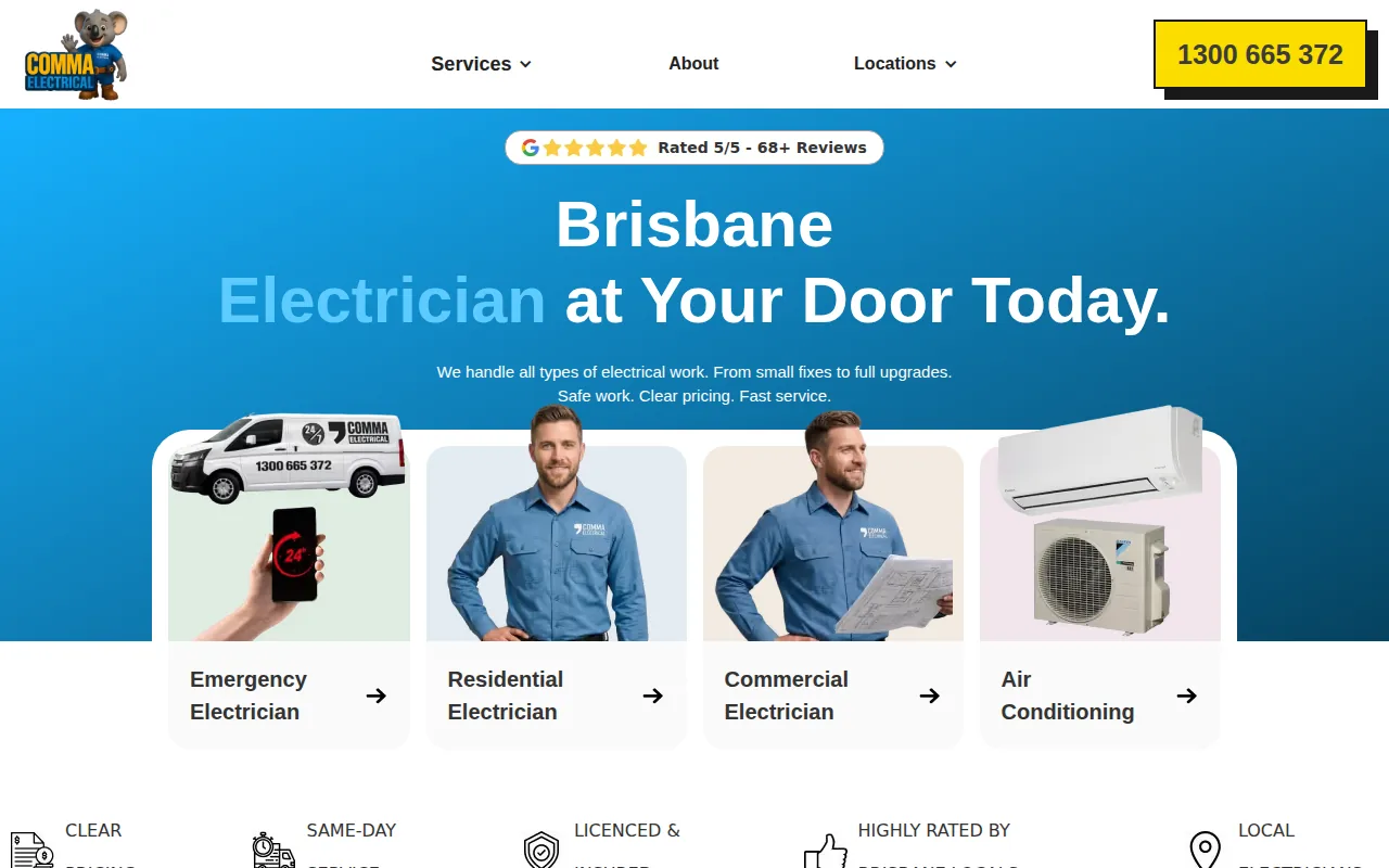 Screenshot of the Comma Electrical website