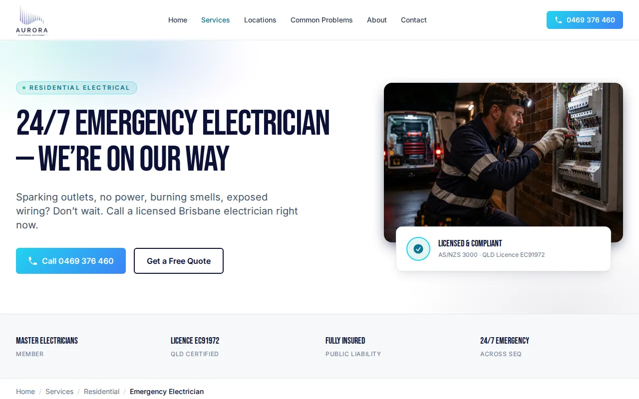 Screenshot of the Aurora Electrical Solutions website