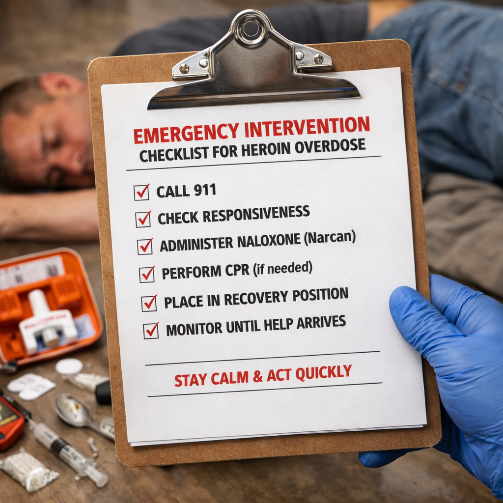 A photorealistic image related to emergency-intervention-checklist-for-heroin-overdose. Alt: emergency-intervention-checklist-for-heroin-overdose