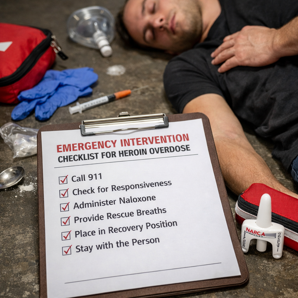 A photorealistic image related to emergency-intervention-checklist-for-heroin-overdose. Alt: emergency-intervention-checklist-for-heroin-overdose
