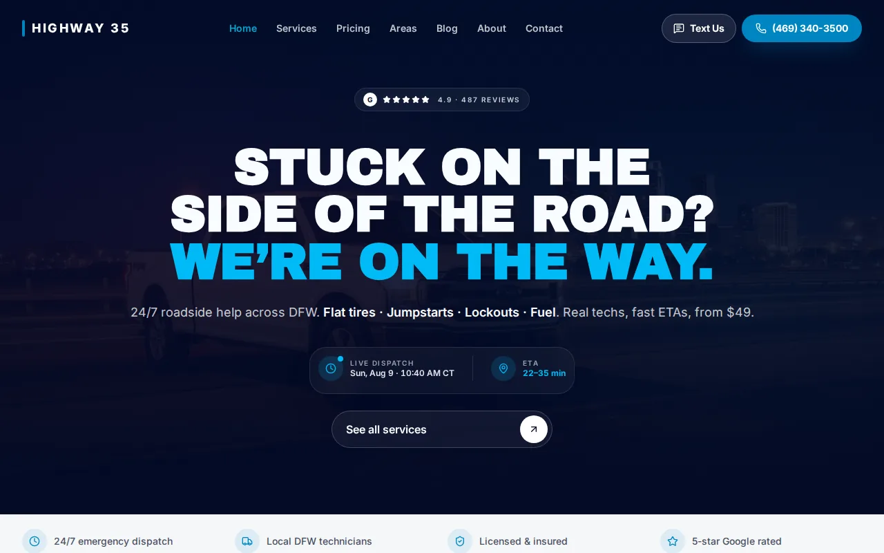 Highway 35 Roadside: visual reference for 2. Highway 35 Roadside — Fast DFW highway response